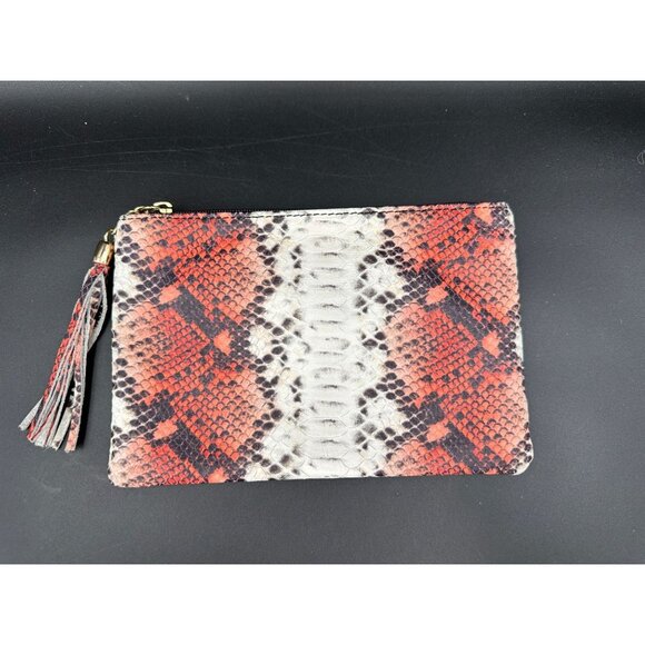 Genuine Leather Snake Print Tassel Clutch Purse - Made In Italy -Red Black White - Picture 1 of 6